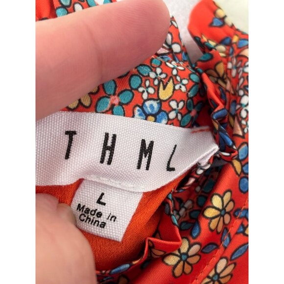 THML Womens Satin Red Paisley Floral Print Smocked Waist Dress Size L - Picture 5 of 11